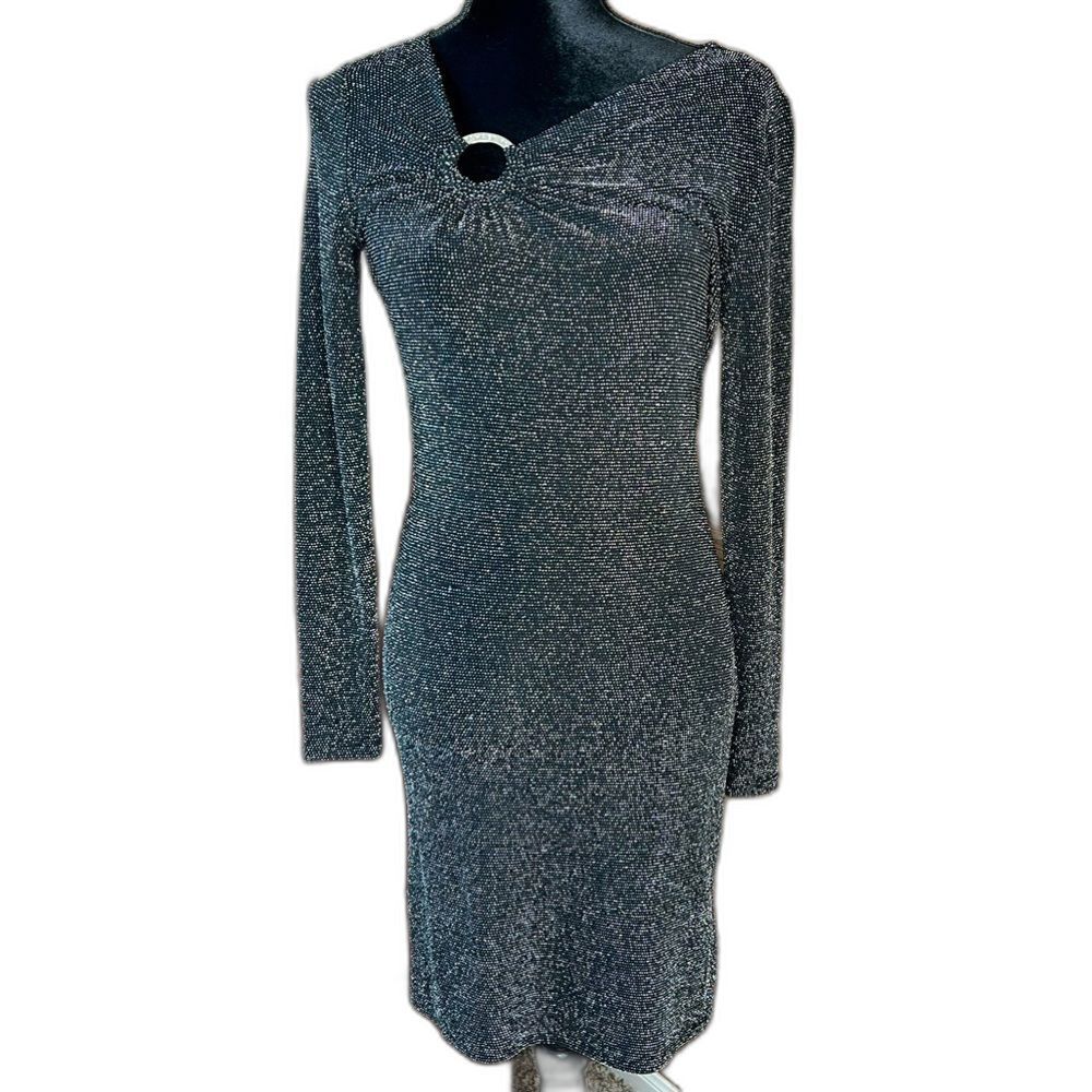 NWT MICHAEL KORS | Silver & Black Sparkly Stretch Knee Length Dress | Size XS